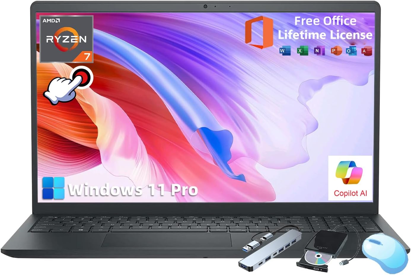 Dell Inspiron 3535 for Business Laptop - with Office   External DVD Drive • 15.6  FHD Touchscreen • AMD Ryzen 7 7730U CPU • HD Webcam • Copilot • Win 11 pro 16GB RAM | 512GB SSD