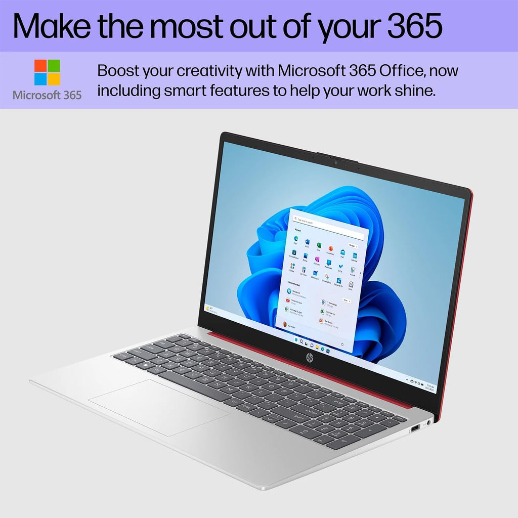 HP 15.6 Portable Laptop Include 1 Year Microsoft 365, HD Display, Intel Quad-Core N200 Processor, 16GB RAM, 128GB Storage, Wi-Fi 5, Webcam, HDMI, Numeric Keypad, Windows 11 Home, Red