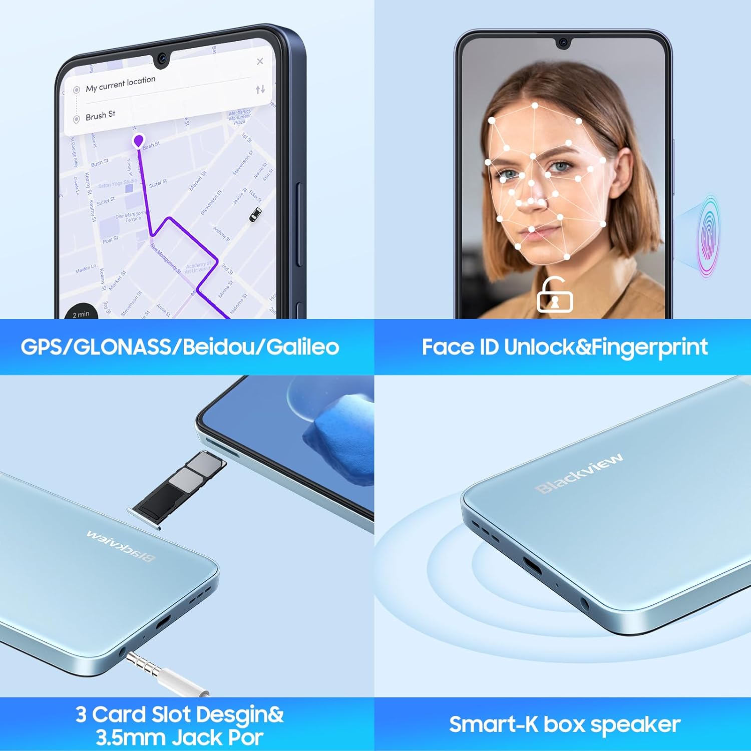 Blackview Color 8 Unlocked Phones, Octa-Core 16GB+128GB/SD 2TB Android Phones, 50MP Camera Mobile Phone, 6000mAh+18W, 6.75" HD+ 90Hz, 3 Card Slots, 4G Dual SIM Phone, Fingerprint ID, T-Mobile Cellphone
