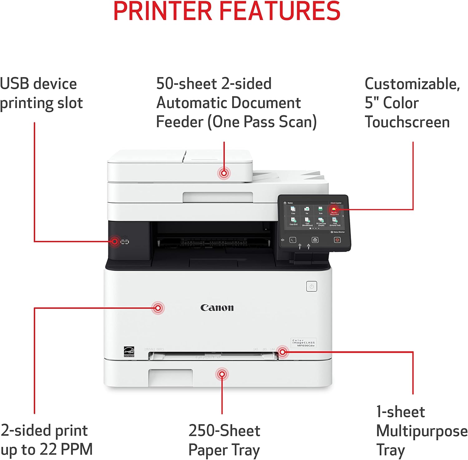 Canon Color imageCLASS MF656Cdw - Wireless Duplex Laser Printer, All-in-One with Copier, Scanner, Fax, Auto Document Feeder, Mobile Ready, 3 Year Limited Warranty, 22 PPM, White