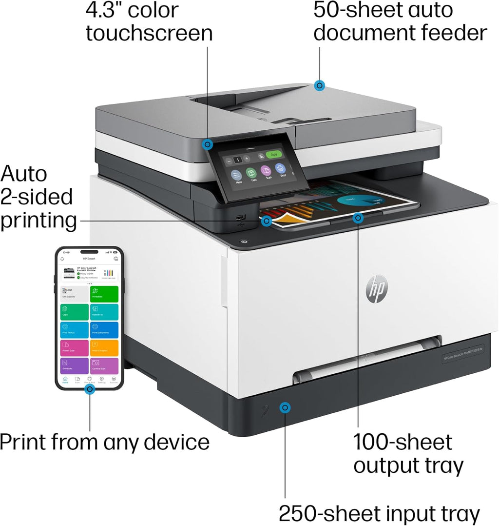 HP Color Laserjet Pro MFP 3301fdw Wireless All-in-One Color Laser Printer, Office Printer, Scanner, Copier, Fax, ADF, Duplex, Best-for-Office 499Q5F