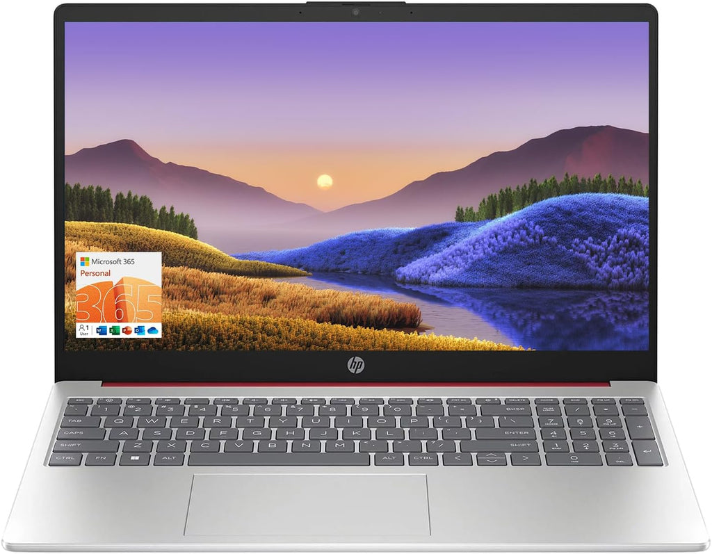 HP 15.6 Portable Laptop Include 1 Year Microsoft 365, HD Display, Intel Quad-Core N200 Processor, 16GB RAM, 128GB Storage, Wi-Fi 5, Webcam, HDMI, Numeric Keypad, Windows 11 Home, Red