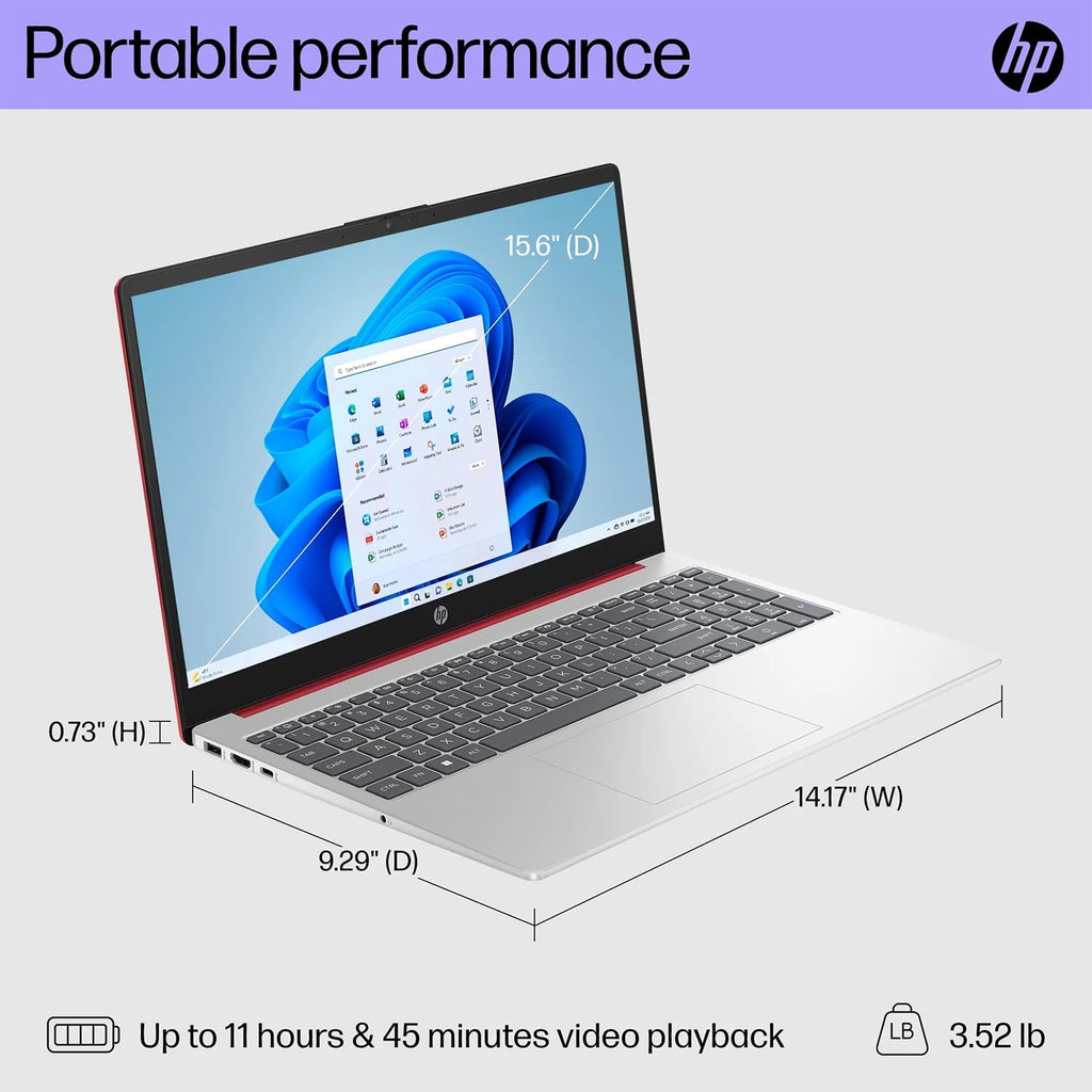 HP 15.6 Portable Laptop Include 1 Year Microsoft 365, HD Display, Intel Quad-Core N200 Processor, 16GB RAM, 128GB Storage, Wi-Fi 5, Webcam, HDMI, Numeric Keypad, Windows 11 Home, Red