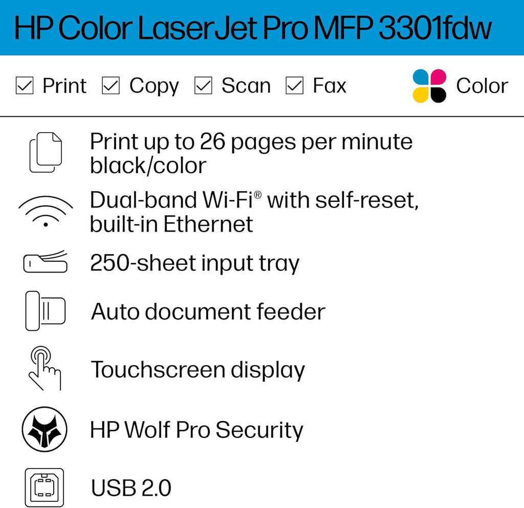 HP Color Laserjet Pro MFP 3301fdw Wireless All-in-One Color Laser Printer, Office Printer, Scanner, Copier, Fax, ADF, Duplex, Best-for-Office 499Q5F