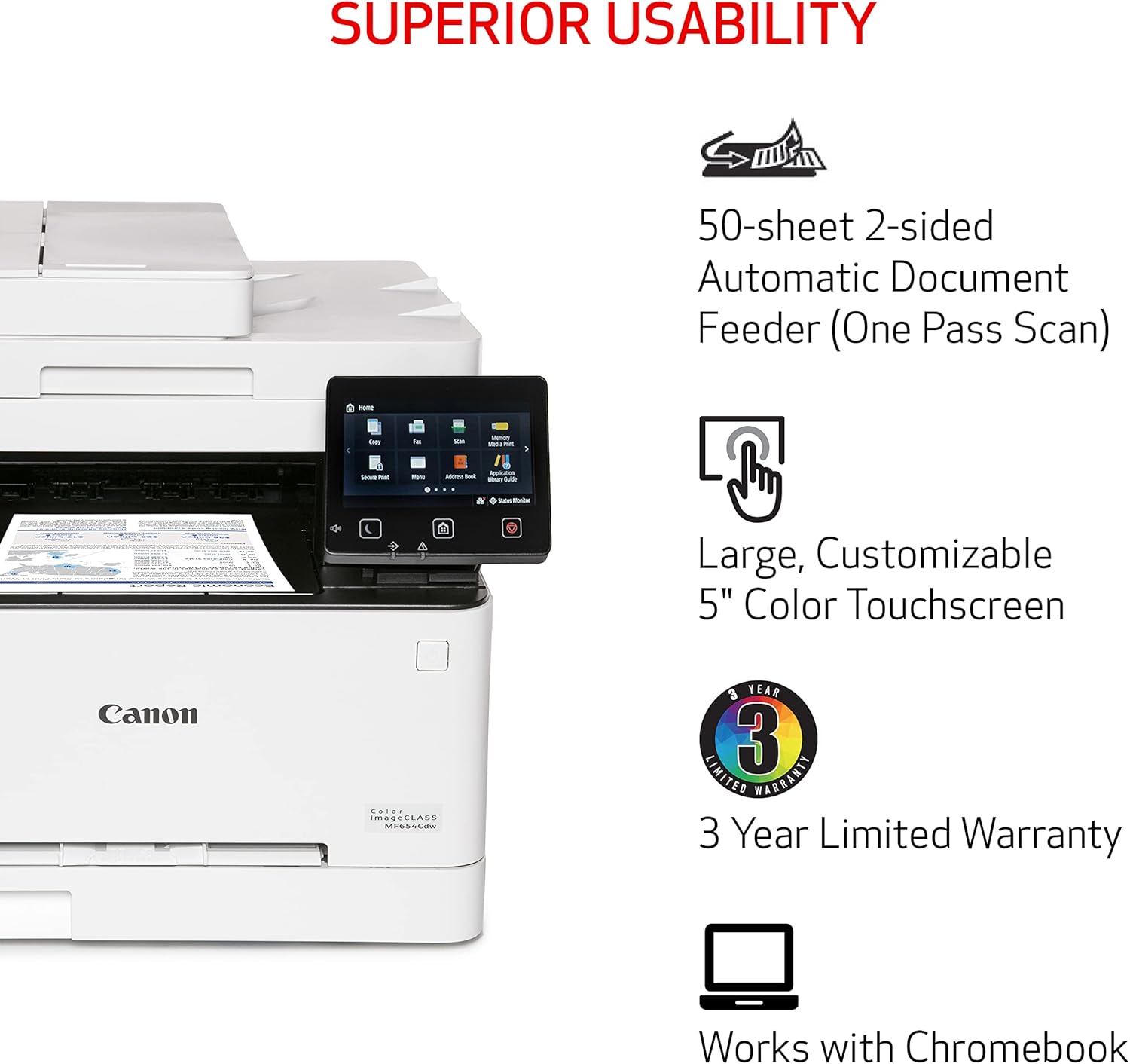 Canon Color imageCLASS MF656Cdw - Wireless Duplex Laser Printer, All-in-One with Copier, Scanner, Fax, Auto Document Feeder, Mobile Ready, 3 Year Limited Warranty, 22 PPM, White